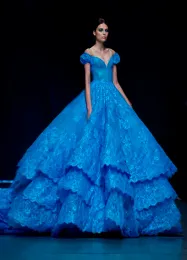 Omuz kapalı Michael Cinco Kraliyet Mavi Balo Elbise gece elbise resmi ünlü elbise dantel gece önlükleri aplike katmanlı katman