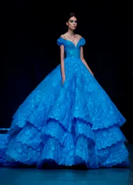 Abiti da spalla Michael Cinco Royal Blue Ball Abito da sera Abiti formali Celebrity vestiti in pizzo Abiti da sera Applicati a strati livellati