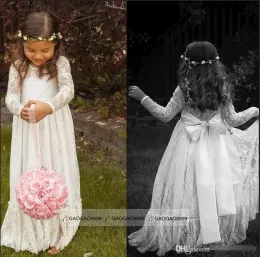 Elbiseler 2015 Ucuz Uzun Kollu Dantel Çiçek Kız Elbiseler Mücevher Beyaz Bir Hat Zemin Uzunluğu Bebek Resmi Durum Etek İlk Cemaat Gelin