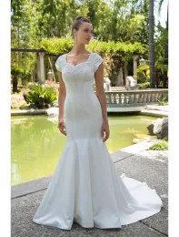 Klänningar vestido de noiva sjöjungfru satin blygsamma bröllopsklänningar med mössa ärmar informell mottagning bröllopsklänning ny ankomst billigt pris sa