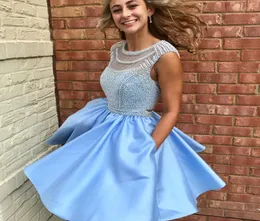 Light Sky Blue Satin Pearls Homecoming Dresses Sheer Neck Cap Sleeves Backless Short Prom Dresses Newest Party Dresses2318875