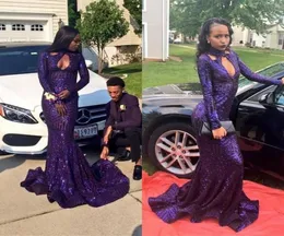 Sparkly Purple Mermaid Prom Dresses 2018 New Long Sleeve High Neck Sweep Strain Illusion Formal Evening Gowns Party Dress Custom M4241452