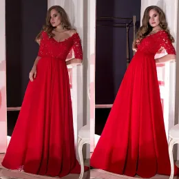 Klänningar vneck halsringning halva ärmar aline prom klänningar med pärlspets applikationer röd aftonklänning vestidos de fiesta baratos