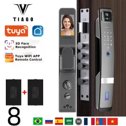 Lock tiago r1 wifi tuya app inglês/russo/espanhol/português Voz/3D Reconhecimento de face Print Finger Fitle Poror Bloqueio com câmera