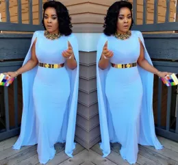 Kleider hellblau plus Größe Cape Style Prom Kleider 2017 Scheide bodenlange Abendkleider Aso Ebi Südafrikanische Frauen formelle Partykleid