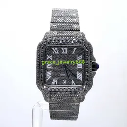 Luxo masculino Black Moissanite Diamond Watch Full Bling Crystal Analog Water Resistência