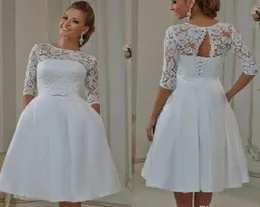2019 Aline Modest White Hermes Prom Dress Pockets Sheer Neck Pets Up Kne Length Lace Bridal Short Custom Made9357810