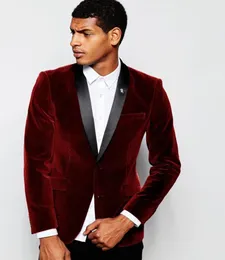 2016 Burgundy Velvet Slim Fit Mens Suits Made Made Shawl Lapel Groom Tuxedos Wedding Prom Suits Black Pants Jacketpantsbow TI3068728