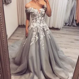 Dresses Vintage Silver Grey Wedding Dresses Off the Shoulder Lace Appliques Tulle A Line Bridal Gowns Sweep Train Custom Made Wedding Dres