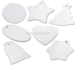 Sublimação em branco Ornamento Cerâmica branca Cerâmica 3 polegada redonda Coração de estrela pingente de porcelana com corda de ouro para a decoração de casa de Natal 6124458