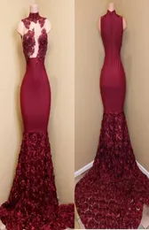 Darkred 3D Rose Flower Dresses Sexy High Neck Lace Sheveriques Mermaid Long Prom Dress Custom Made 2018 African Evening Dress6778811
