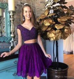 2019 Moda Lace Purple Short Homecoming Dress A Line Beadings Top Juniors Sweet 15 Graduação Cocktail Party Dress Plus Tamanho Cus3865517