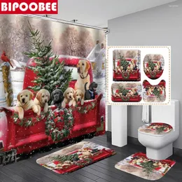 Duschvorhänge Frohe Weihnachten Hund 3D Badezimmer Vorhang Set Bad Matten Teppiche U-Form Matte Toilettendeckel Abdeckung Nicht-Schlupfteppich