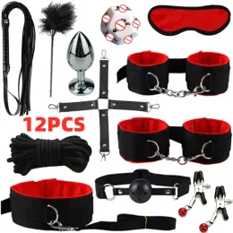 Leksaker bdsm handbojor piska bröstvårtor ögonbinds mun gag flirt spel anal plug vibrator vuxna sex leksaker bondage begränsningar kit för par