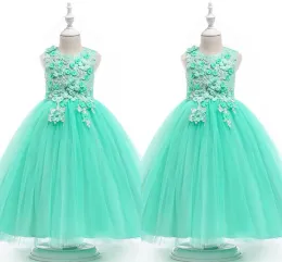 Dresses Mint Green Ball Gown Flower Girls Dresses 2022 Lace 3D Flowers Beaded Cap Sleeve Jewel Girls Prom Dress Pageant Toddler First Comm