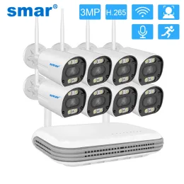 الوحدات النمطية SMAR WIRELESS WIFI KIT 3MP ثنائية الصوت AI FACE اكتشف كاميرا الأمان في الهواء الطلق 8ch NVR نظام مراقبة الفيديو ICSEE