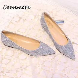 Casual Shoes Comemore Fashion Elegant Silver Bling Glitter Flats Women Pointed Flat Pumps Party Dress Sequin Plus Size 44