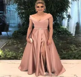 控えめなほこりっぽいピンクのプロムドレス長い深いvネックサテンスプリットイブニングドレス半袖2018プラスサイズパーティーガウン2086547