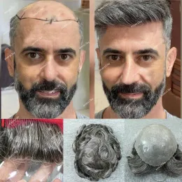 Toupees Tek Düğümler Pu İnsan Saç Erkek Toupees Dayanıklı Kalın Şeffaf Ultra Deri Kılcal Protez Erkek 1B65 Gri Saç Sistemi