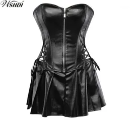 Black Faux Leather Corset Dress Overbust Boned Basque Mini Skirt Sexy Lingerie Bodyshaper Slimsuit Nightwear S6XL Plus Size17622969