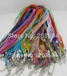 Komponenter Partihandel 100st Mix Color Silk Organza Ribbon Voile Necklace Cord vaxad halsbandsladd