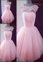 Cute Short Pink Homecoming Prom Dresses Puffy Tulle Little Pretty Party Dresses Cheap Appliques Capped Sleeves Girl Formal Gowns5890234