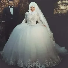 Kleider Langarm Prinzessin Ballkleid Brautkleider Islamische muslimische Hochzeitskleid Spitze applizierte Brautkleider mit Kerchief Vestido de N.