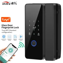 Lås Tuya App FingerPrint Lock Bluetooth Smart Glass Door Biometric Electronic Control Door Lock 13.56MHz RFID Remote Unlock