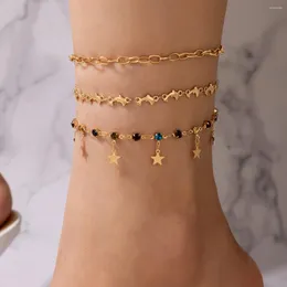 Hänghalsband eleganta färgglada rhinestone fotkedja bohemisk stjärna tassel för kvinnor guldfärglegering anklet smycken 3 st/set