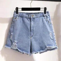 150 kg plus size Womens Summer Loose Denim Shorts Ripped Pärlade rakt breda benbyxor Blue Hip 154cm 5xl 6xl 7xl 8xl 9xl 240322