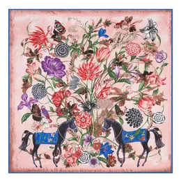 POBING Luxury Brand 100%Twill Silk Scarf Woman Square Scarves Wraps Flower Horse Print Silk Foulard Female Large Hijab 130CM 240323