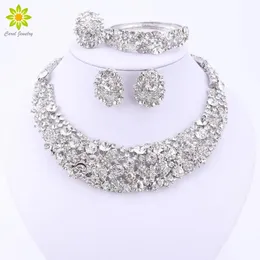 Nigerianische Hochzeit afrikanische Perlen Schmucksets Kristall Halskette Silber Farb Set Accessoires Party 240401