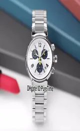 Yeni Q11215 çelik kasa 34mm beyaz kadran sarı eller Japonya kuvars kronograf kadın izleme paslanmaz çelik bilezik saatler puretime9370601