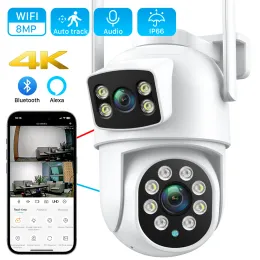 카메라 4K 8MP PTZ WiFi 카메라 듀얼 렌즈 듀얼 스크린 4X 디지털 줌 IP 카메라 4MP HD 자동 추적 실외 CCTV 감시 ICSEE APP