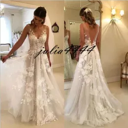 Abiti abiti da sposa sexy 2019 Nuovo con Aline Long V Neck Gowns Open Wort Appliques Vestido de Noiva Vestitido de nobu Fotos Real