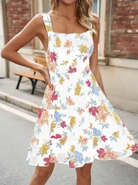Verão feminino retro mangas pequenas flores fragmentadas, cinta alta cintura alta Fit One Line Neck Dress 240329