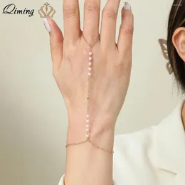 Link Bracelets Qiming Imitation Pearl Connected Finger Ring Bracelet Women의 한국 웨딩 쥬얼리