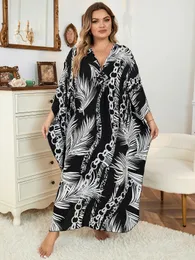 Plus Size Summer Sexy V Neck Långärmad avslappnad tryckt sida Split Kaftan Dress for Women Clothing Beach Maxi Dresses Q1297 240326