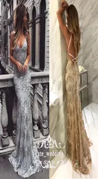 2018 Sparkly Silver Grey Mermaid aftonklänningar V Neck Criss Cross Back Champagne Gold Prom Dresses Sexig Backless Formal Gowns5913803