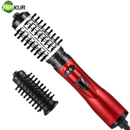 Rotating Hair Dryer Brush Electric Blow Drier Comb Air Straightener Curler Iron One Step 2 Gears Blower Replaceable 2 Heads 240327