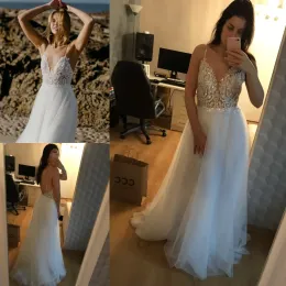 Abiti abiti da sposa hippie bohémien 2021 con cinghie di spaghetti aline spicchosi di abiti da sposa da sposa per bambini in pizzo sexy