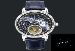 Kol saatleri üst lüks Men039s Otomatik Tourbillon Moda Süper Yıldızlı Sky Moon Faz Aydınlık Erkekler Deri Hediye Clock7221538