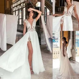 Dresses Sexy Deep V Neck Beach Wedding Dresses 2020 New Side High Split Lace Appliqued Illusion Bodice Sweep Train Bohomian Bridal Gowns
