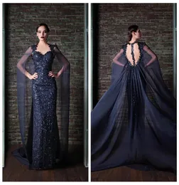 2016 Scheide Porträt Navy Blue Evening Kleider Chiffon Pequinals Perlen Applikationen Arabische lange Länge Chifffon Schal Rami Kadi Prom D3716856