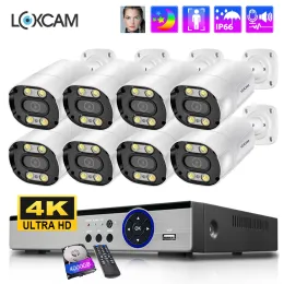 System LOXCAM 10CH 8CH POE NVR Kit 4K Security Camera System 8MP 4MP AI FACEHUMAN DETECT Outdoor Tvåvägs Audio Video Surveillance Set
