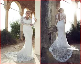 2015 Sheer Lace Wedding Dresses Long Sleeve V Neck Cutouts Sheath Court Train Sexy Backless Vintage Bridal Gowns Riki Dalal5353476