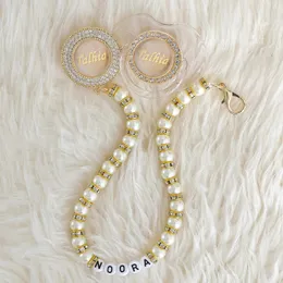MIYOCAR personalized name transparent pearl bling pacifier and pacifier clip BPA free dummy bling unique gift baby shower 240401