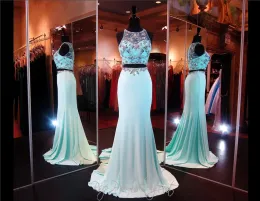 Kleider Aqua Crop Top Prom Kleid Kleid mit hoher Perlen Ausschnitt Perlen Mermaid Abendkleid Illusion Rücken Chiffon Festzug Kleid