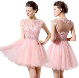 Cute Pink Short Prom Dresses Cheap ALine Mini Tulle Lace Beads Cap Sleeves Bateau Neck 2019 Junior 8th Grade Homecoming Dress Par7199797