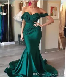 2019 Einfache elegante dunkelgrüne dehnbare Satin -Abendkleid von der Schulter mermaid Rückenless formelles Wear -Party -Kleid Custom Made P5051940